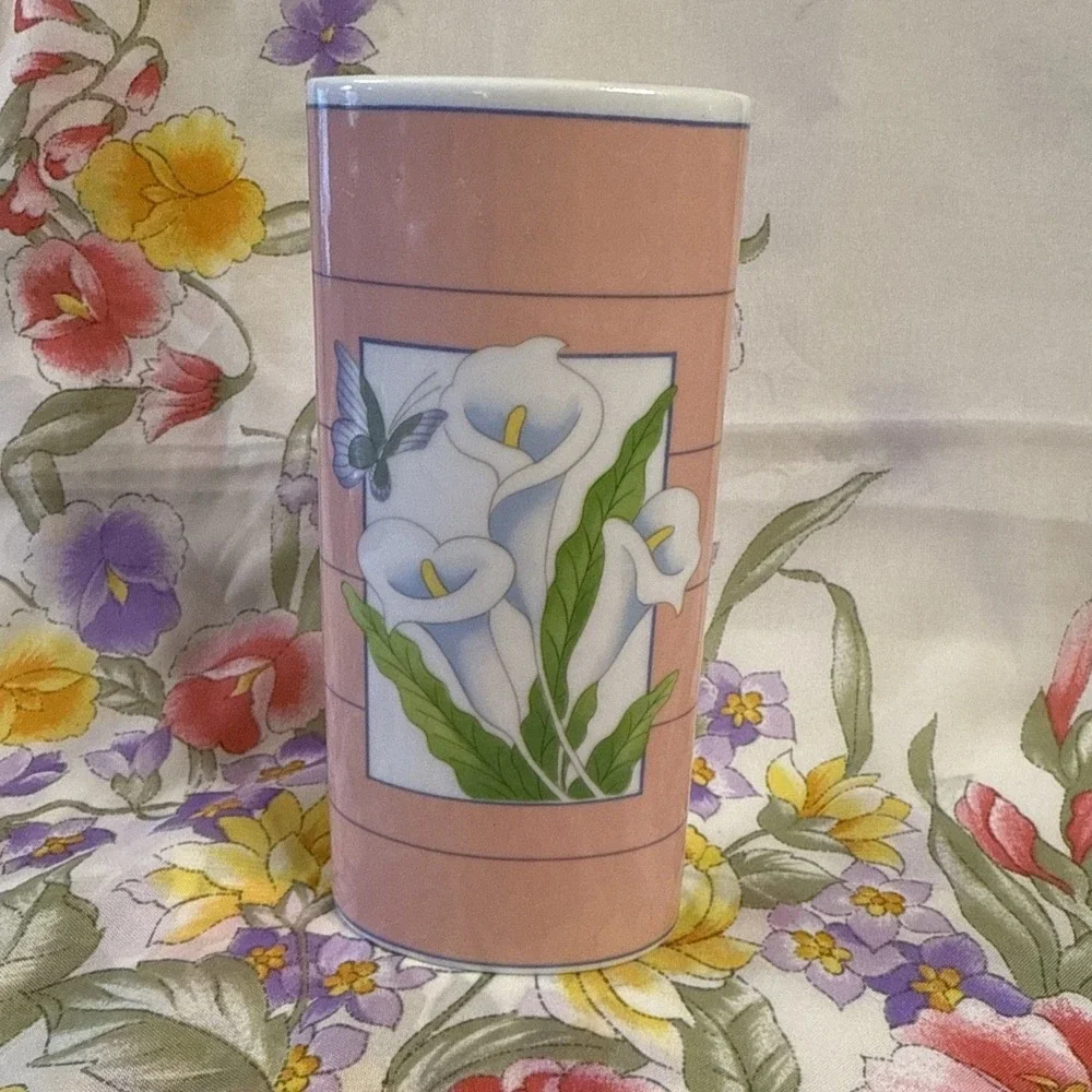 Vintage Wicks N Sticks Calla Lily Vase Japan Pink Floral Ceramic 6